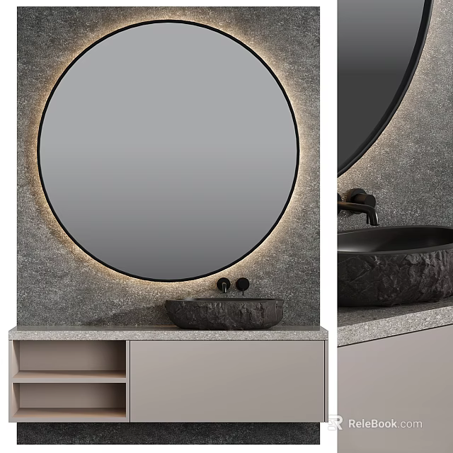 Modern Bathroom Vanity With Round Backlit Mirror And Stone Countertop 3d model 