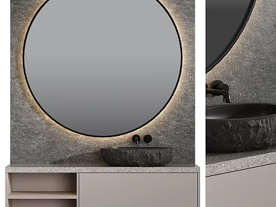 Modern Bathroom Vanity With Round Backlit Mirror And Stone Countertop 3d model