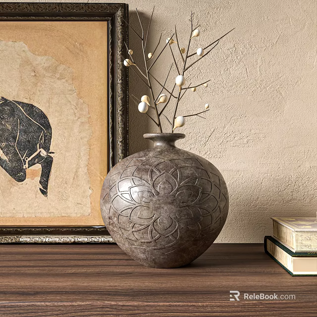 Ornamental Decor Set With Carved Vase Beaded Branches Elephant Art Stacked Books On Wood Table 3d model 