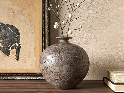 Ornamental Decor Set With Carved Vase Beaded Branches Elephant Art Stacked Books On Wood Table 3d model