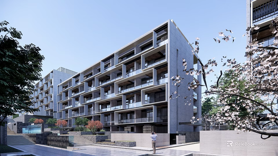 Modern Apartment Building Exterior With Balconies Cherry Blossom Trees And Blue Sky 3d model 