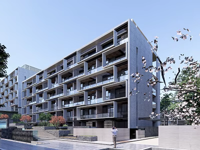 Modern Apartment Building Exterior With Balconies Cherry Blossom Trees And Blue Sky 3d model