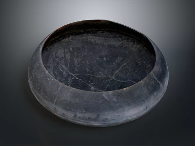 Antique Hand Carved Black Stone Bowl Sculpture With Cracked Surface Patterns Design 3d model