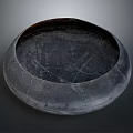 Antique Hand Carved Black Stone Bowl Sculpture With Cracked Surface Patterns Design