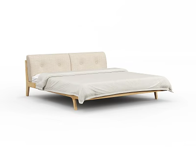 Modern Minimalist Double Bed With Light Wooden Frame And Beige Fabric Headboard 3d model