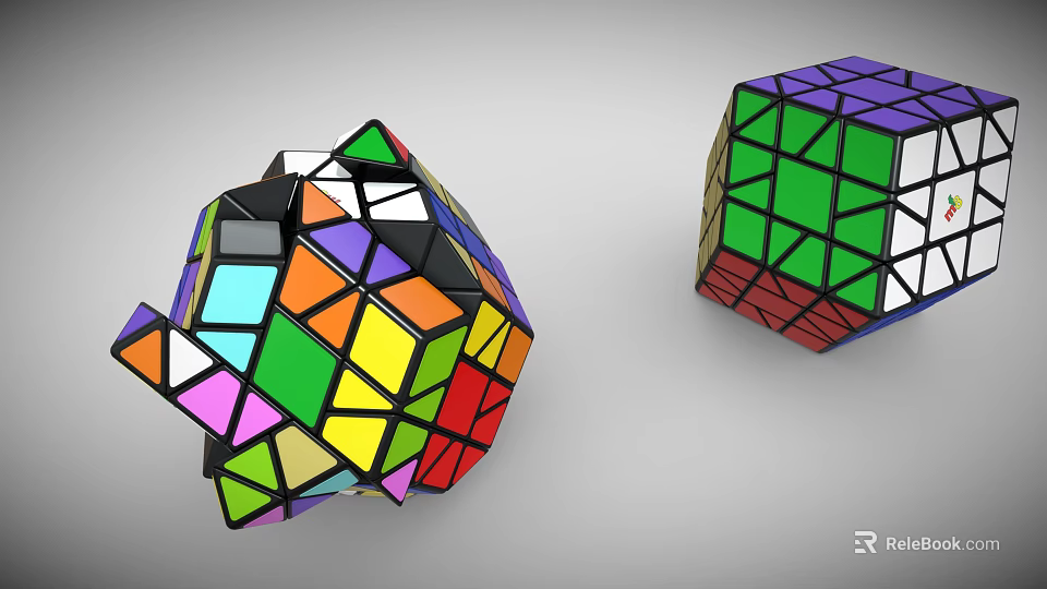 Colorful Rubik's Cubes In Scrambled And Solved States On Gray Background 3d model 