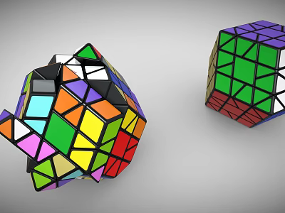 Colorful Rubik's Cubes In Scrambled And Solved States On Gray Background 3d model