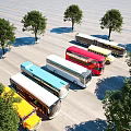 Various Types and Colored Buses Parked Outdoors After Rain With Puddles Blue Sky and Trees