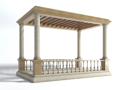 Elegant Landscape Pavilion With Stone Columns Wooden Roof Beam And Railing 3d model