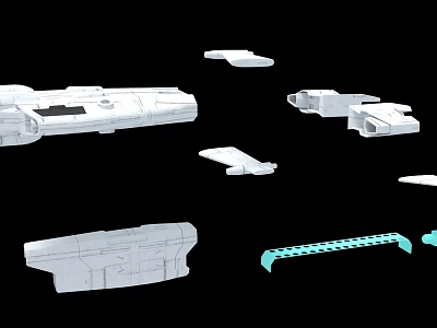 Multiple White Fighter Jet Parts 3D Models On Black Background With Blue Component 3d model