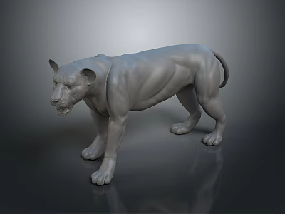 Gray Lion Sculpture Standing with Open Mouth and Detailed Muscles on Dark Glossy Background 3d model