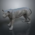 Gray Lion Sculpture Standing with Open Mouth and Detailed Muscles on Dark Glossy Background