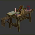 Rustic Wooden Table With Open Book Stacked Books Wine Glass And Stool