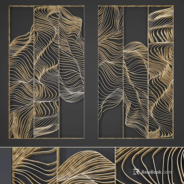 Modern Gold Wavy Line Room Divider With Black Background And Decorative Design 3d model 
