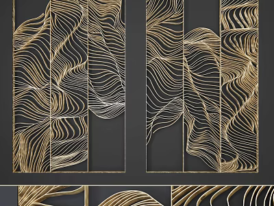 Modern Gold Wavy Line Room Divider With Black Background And Decorative Design 3d model