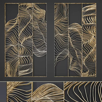 Modern Gold Wavy Line Room Divider With Black Background And Decorative Design 3d model
