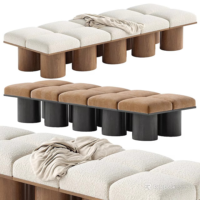 Modern Sofa Stools With Beige Brown Fabric Cushions And Wooden Black Legs 3d model 