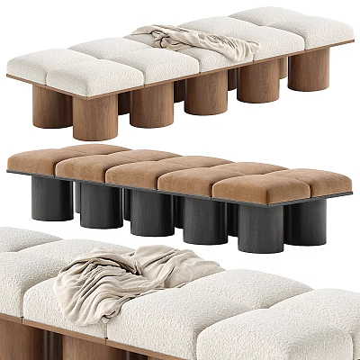 Modern Sofa Stools With Beige Brown Fabric Cushions And Wooden Black Legs 3d model