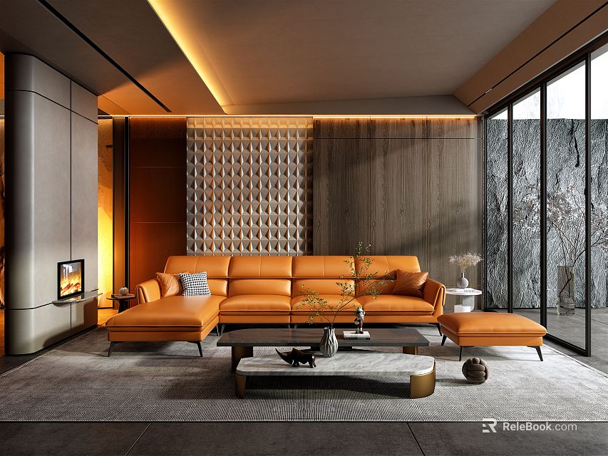 Modern Living Room Interior With Orange Sofa Fireplace And Floor To Ceiling Windows 3d model 