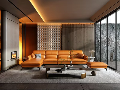 Modern Living Room Interior With Orange Sofa Fireplace And Floor To Ceiling Windows 3d model