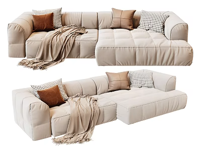 Plush Beige L shaped Sectional Sofa With Brown Checkered Pillows And Throw Blanket 3d model