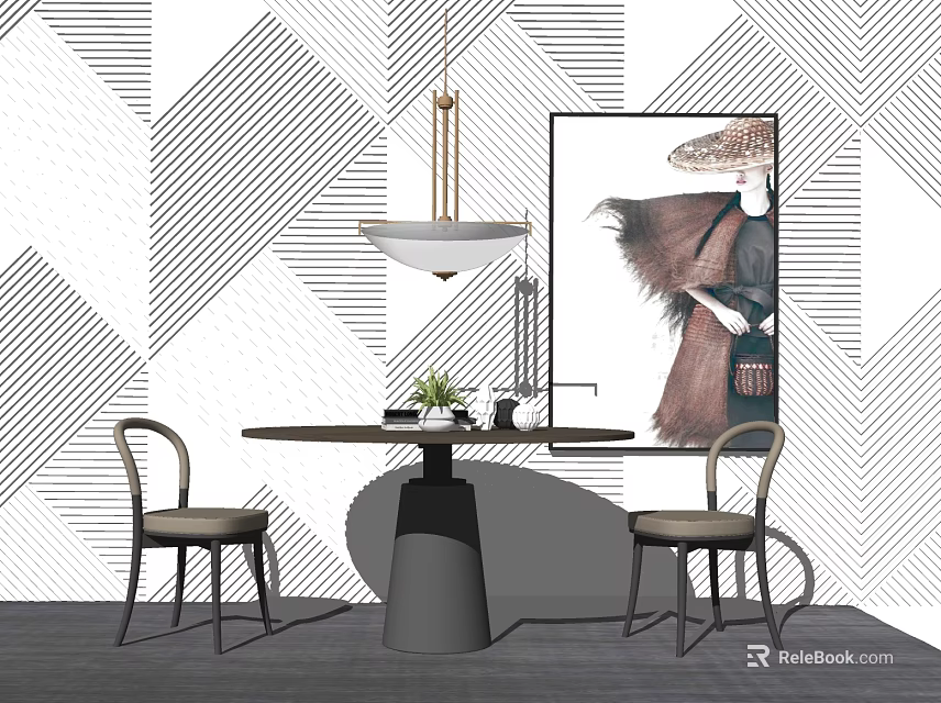 Modern Dining Table Set With Two Chairs Geometric Wall Artwork And Pendant Light 3d model