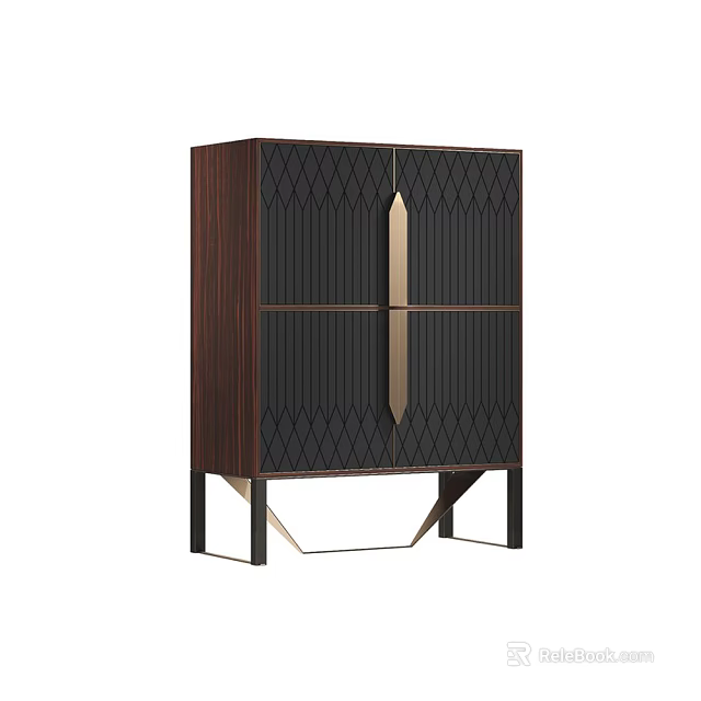 Modern Dark Wood Decorative Cabinet With Geometric Pattern And Gold Accents 3d model 