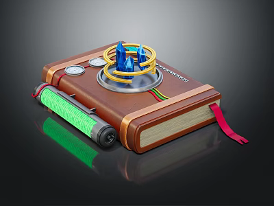 Steampunk Themed Book Display With Brown Cover Blue Spires Yellow Rings And Green Glowing Strip 3d model
