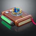 Steampunk Themed Book Display With Brown Cover Blue Spires Yellow Rings And Green Glowing Strip