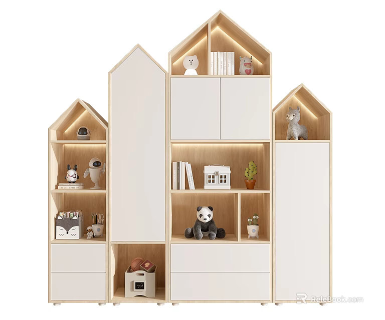 Cute House Shaped Decorative Cabinet With White Light Wooden Design And Panda Doll Books 3d model 