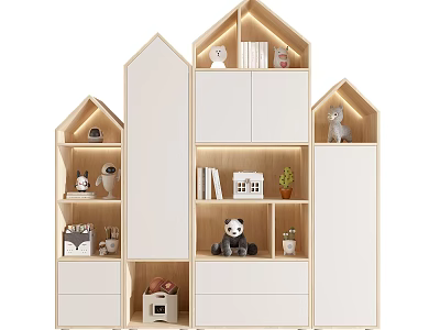 Cute House Shaped Decorative Cabinet With White Light Wooden Design And Panda Doll Books 3d model