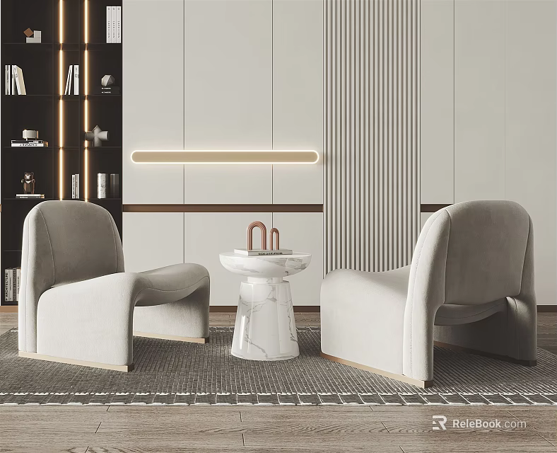 Leisure Sofa Set With Beige Lounge Chairs Marble Side Table And Copper Decor 3d model