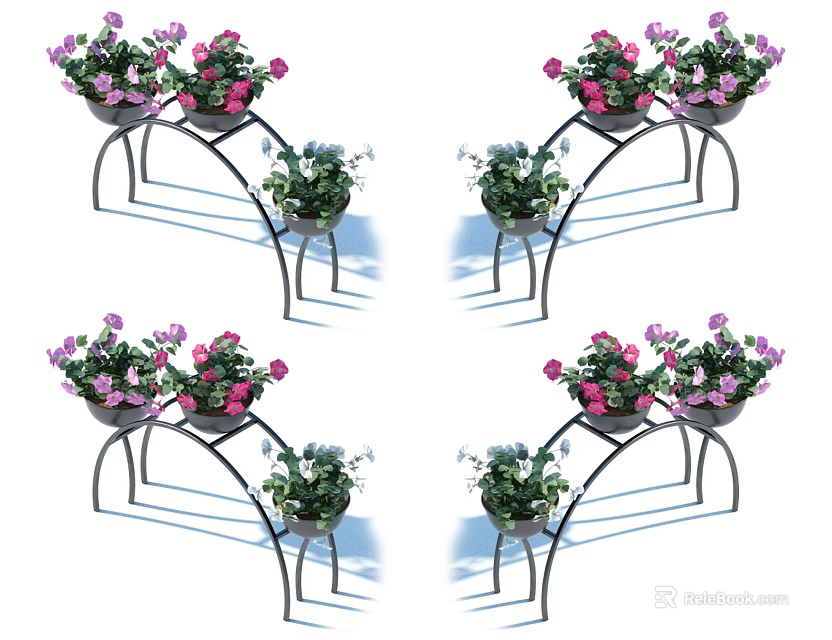 Garden Decorative Metal Stands With Colorful Flower Pots And Green Plants 3d model 