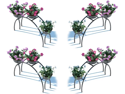 Garden Decorative Metal Stands With Colorful Flower Pots And Green Plants 3d model