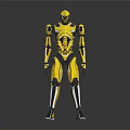 Shiny Yellow Mechanical Robot Character In Standing Pose With Glossy Black Details And Metallic Design