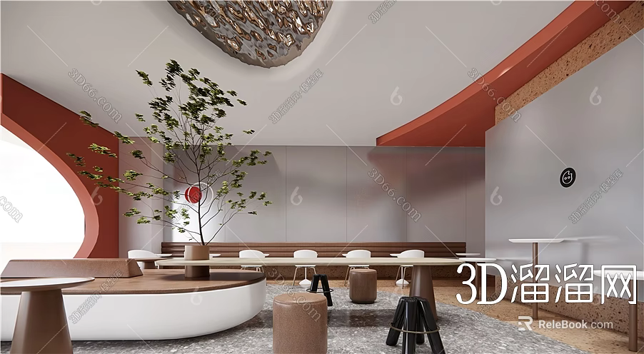 Modern Milk Tea Shop Interior Design With Green Plant Ceiling Decor And Round Seating 3d model 