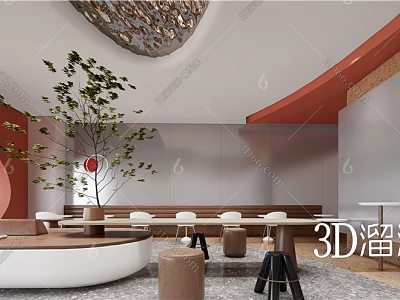 Modern Milk Tea Shop Interior Design With Green Plant Ceiling Decor And Round Seating 3d model