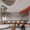 Modern Milk Tea Shop Interior Design With Green Plant Ceiling Decor And Round Seating