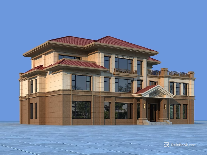 Two Story Detached Villa With Red Roof Beige Brown Exterior And Large Windows 3d model 