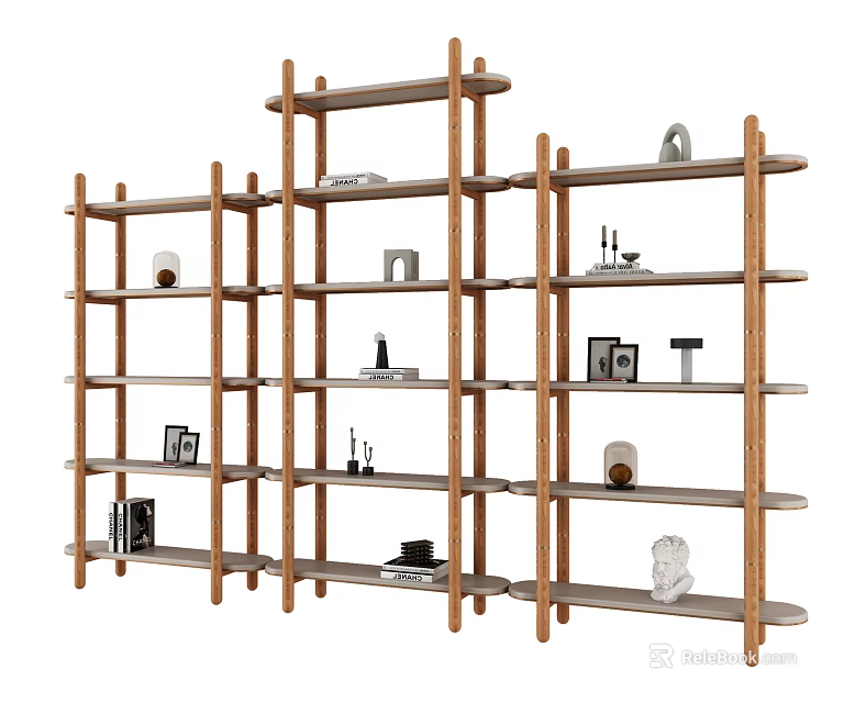 Wooden Multi tiered Shelving Unit With Modern Design And Decorative Storage Items 3d model 
