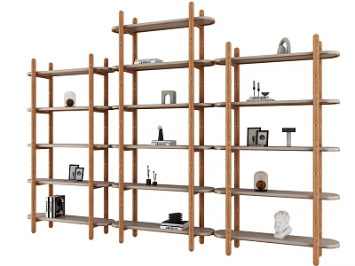 Wooden Multi tiered Shelving Unit With Modern Design And Decorative Storage Items 3d model