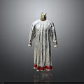 Elegant Long Silver Robe With Red Trim On Cuffs And Hem Displayed On Mannequin