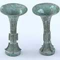 Two Piece Vintage Bronze Decorative Ornament Set With Tall Base And Intricate Carvings