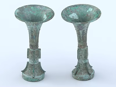 Two Piece Vintage Bronze Decorative Ornament Set With Tall Base And Intricate Carvings 3d model