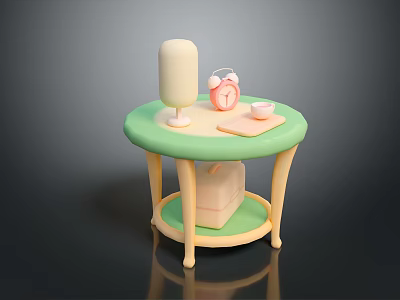 Cute Small Storage Shelf With Green Top Yellow Legs Alarm Clock Tissue Holder And Box 3d model