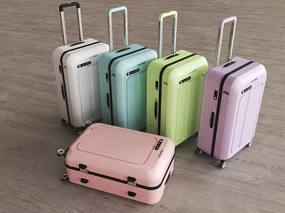 Colorful Hard Shell Suitcases With Telescopic Handles And Rolling Wheels On Wooden Floor 3d model