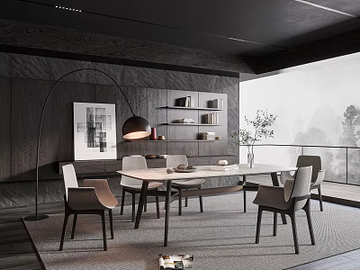 Modern Restaurant Interior With Dining Table Chairs Arc Lamp Bookshelves And Scenic View 3d model