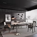 Modern Restaurant Interior With Dining Table Chairs Arc Lamp Bookshelves And Scenic View