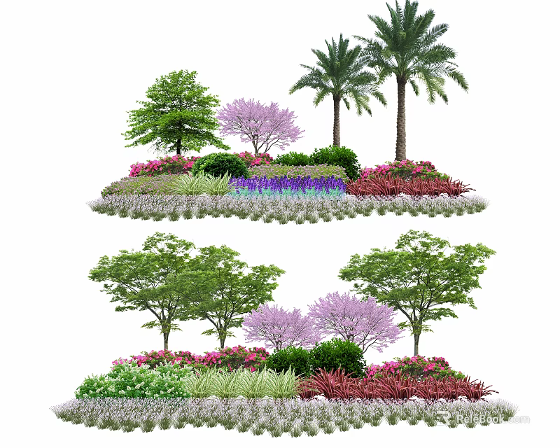 Colorful Flowers And Green Trees In Garden Landscaping With Various Plants 3d model 
