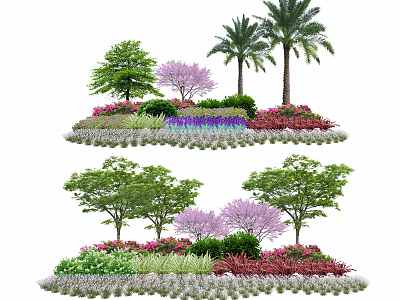 Colorful Flowers And Green Trees In Garden Landscaping With Various Plants 3d model